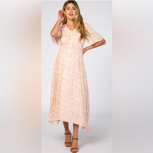 Pink blush peach floral buttoned smocked midi dress